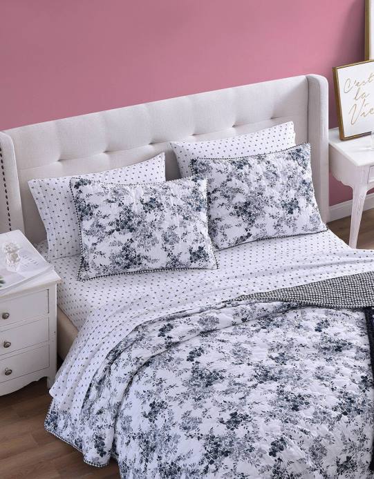 egynemű Betsey Johnson virágos szőlőültetvény teljes királynő paplan álszett fekete kiegészítők VFJ6S415