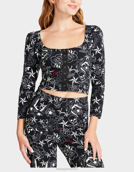 nők Betsey Johnson csinos punk vintage ihletésű puff ujjú felső tetoválás nyomtatás ruházat VFJ6S295