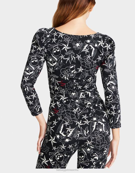 nők Betsey Johnson csinos punk vintage ihletésű puff ujjú felső tetoválás nyomtatás ruházat VFJ6S295